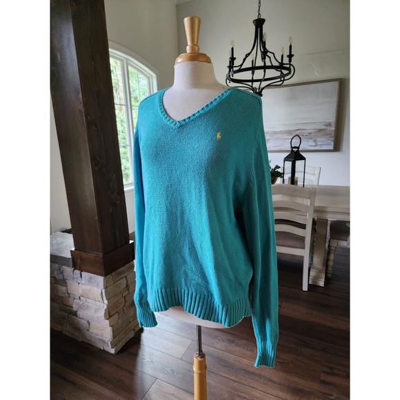 VTG‎ Y2K Ralph Lauren Cotton Knit V-Neck Sweater Classic Fit Casual Blue L - Picture 1 of 11
